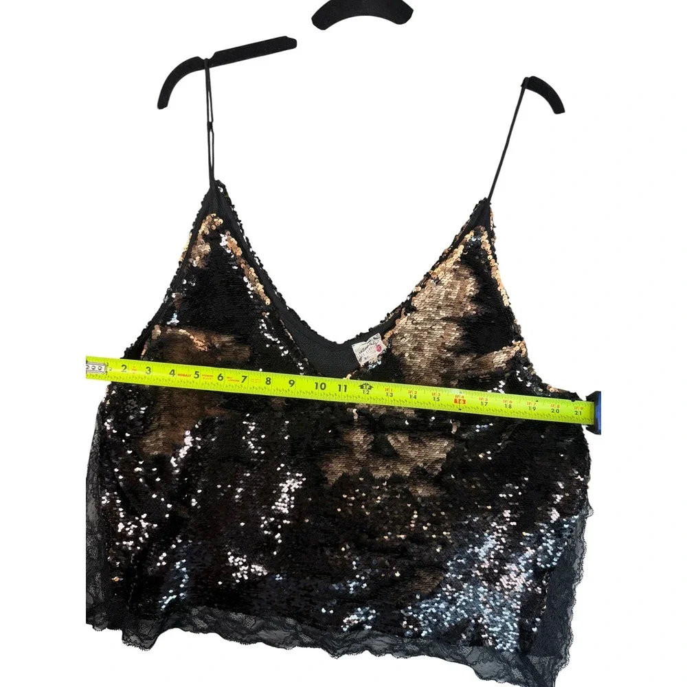 Intimately Free People Sequin Lace Trim Camisole Top Black Gold Large V-Neck
